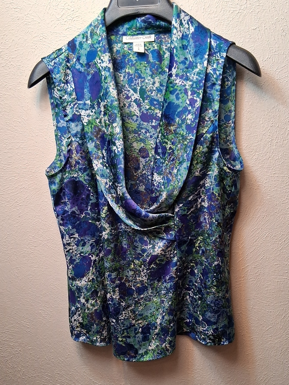 Coldwater Creek Floral Marbled Draped Faux Wrap Sleeveless Blouse
